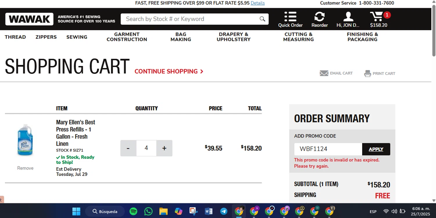 Wawak Sewing promo code screenshot showing code WBF1124 applied at Wawak Sewing checkout page. Uploaded by SimplyCodes community member luisaballera on Jul 25, 2025