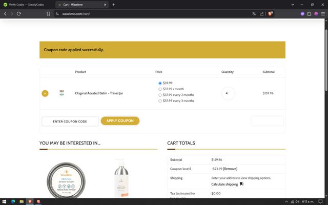 Waxelene checkout page showing Waxelene coupon code box | Screenshot taken by SimplyCodes community member on May 29, 2025
