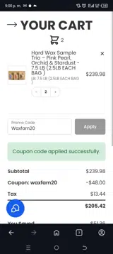 Waxfam20 coupon verification screenshot
