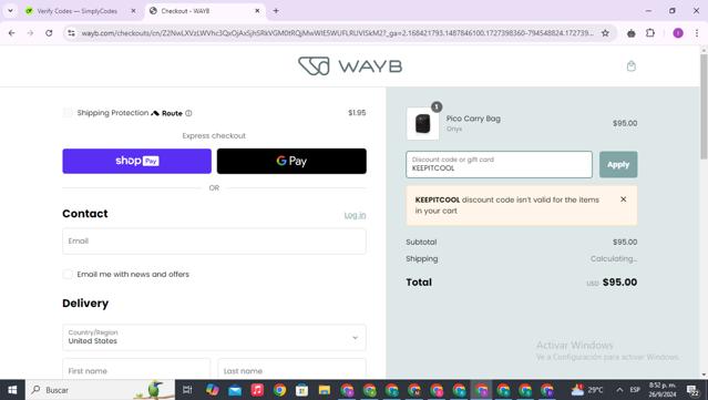 WAYB checkout page showing WAYB discount code box | Screenshot taken by SimplyCodes community member on Sep 27, 2024