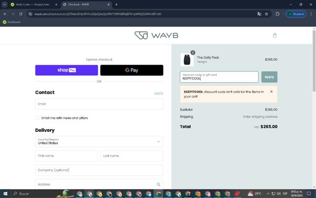 WAYB checkout page showing WAYB discount code box | Screenshot taken by SimplyCodes community member on Sep 27, 2024