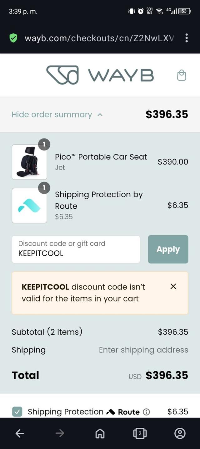 WAYB checkout page showing WAYB discount code box | Screenshot taken by SimplyCodes community member on Sep 23, 2024