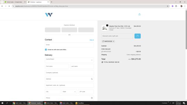 Waydoo.com checkout page showing Waydoo.com discount code box | Screenshot taken by SimplyCodes community member on Sep 26, 2025