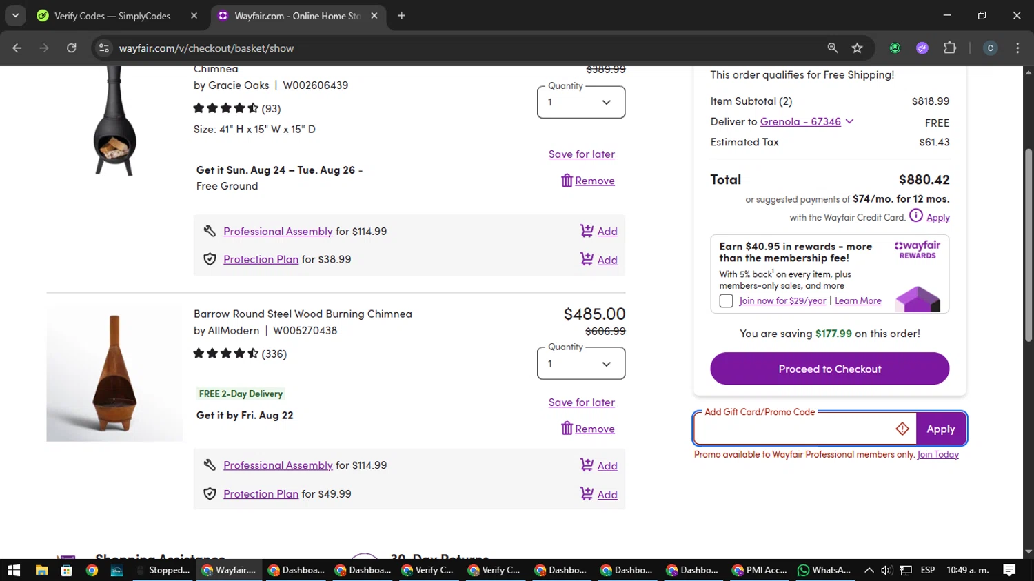 Wayfair Professional promo code screenshot showing code BIZ50WA1 applied at Wayfair Professional checkout page. Uploaded by SimplyCodes community member Nata_Montana on Aug 20, 2025