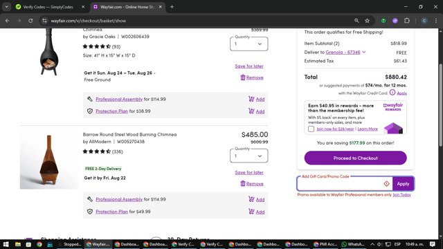 Wayfair Professional checkout page showing Wayfair Professional promo code box | Screenshot taken by SimplyCodes community member on Aug 20, 2025