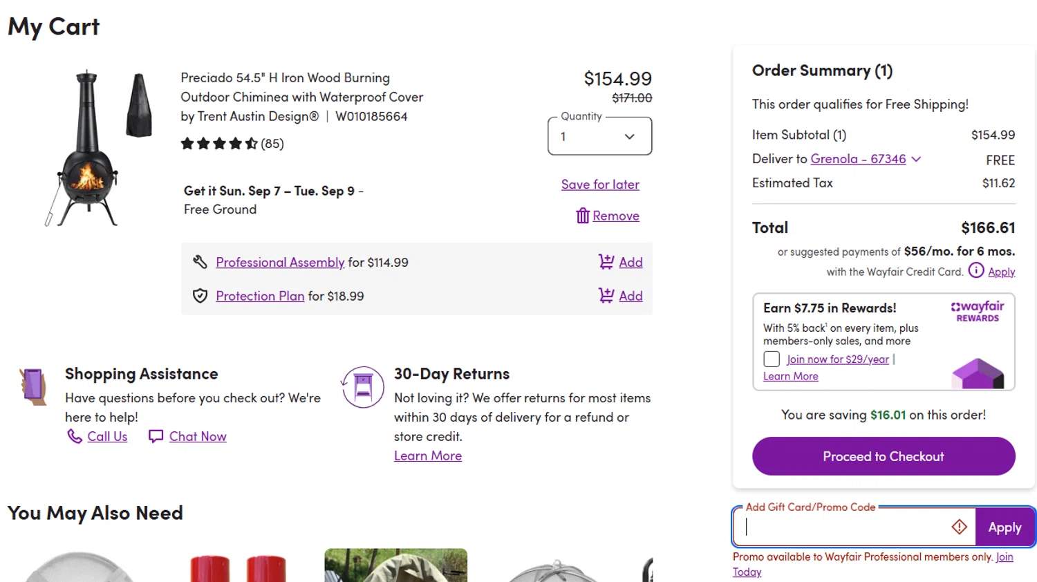 Wayfair Professional promo code screenshot showing code BIZ50WA1 applied at Wayfair Professional checkout page. Uploaded by SimplyCodes community member IamJors on Sep 2, 2025