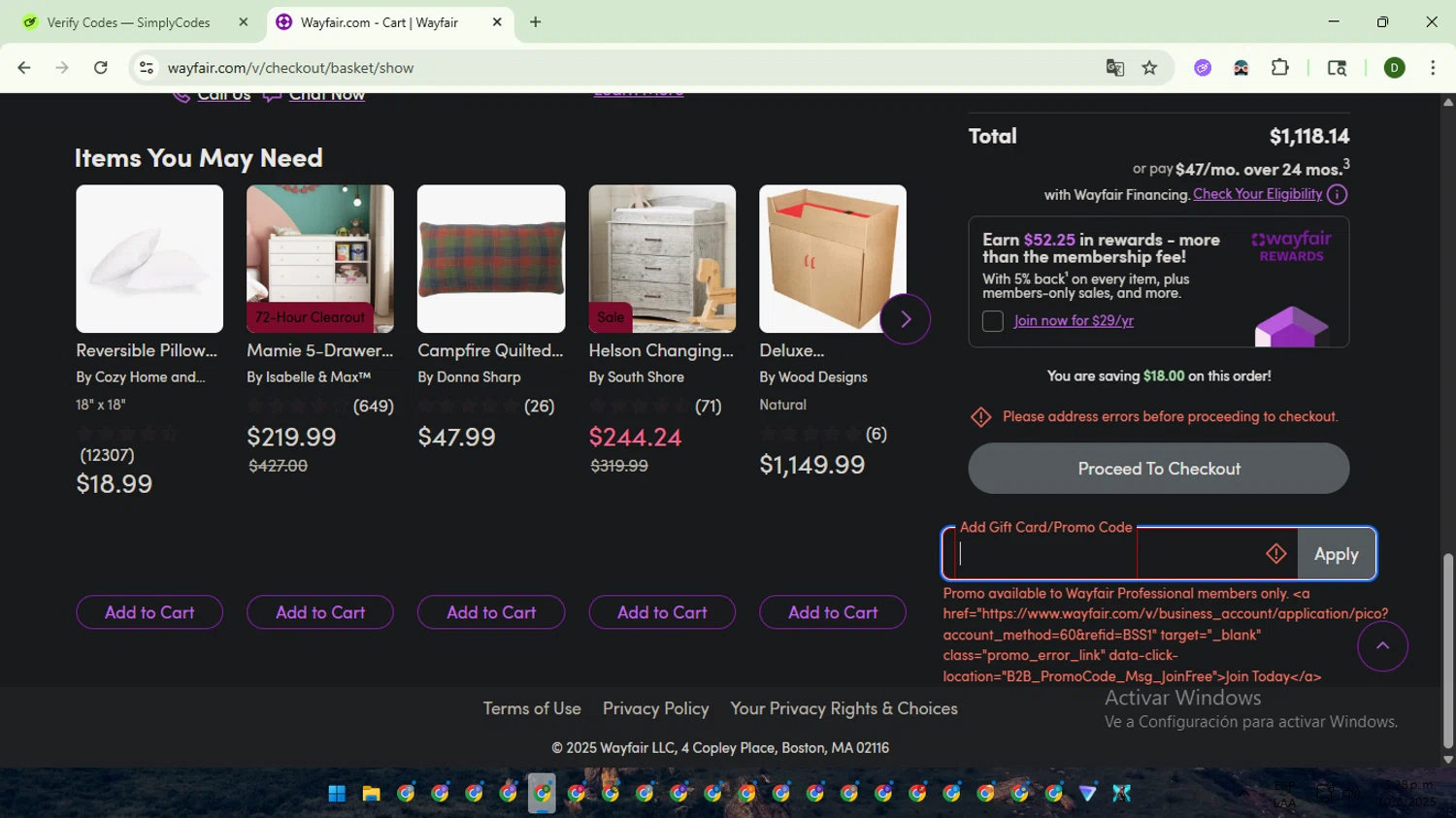 Verification screenshot for $50 Off Storewide (minimum Order $500) (members Only) at Wayfair Professional — 10mo ago