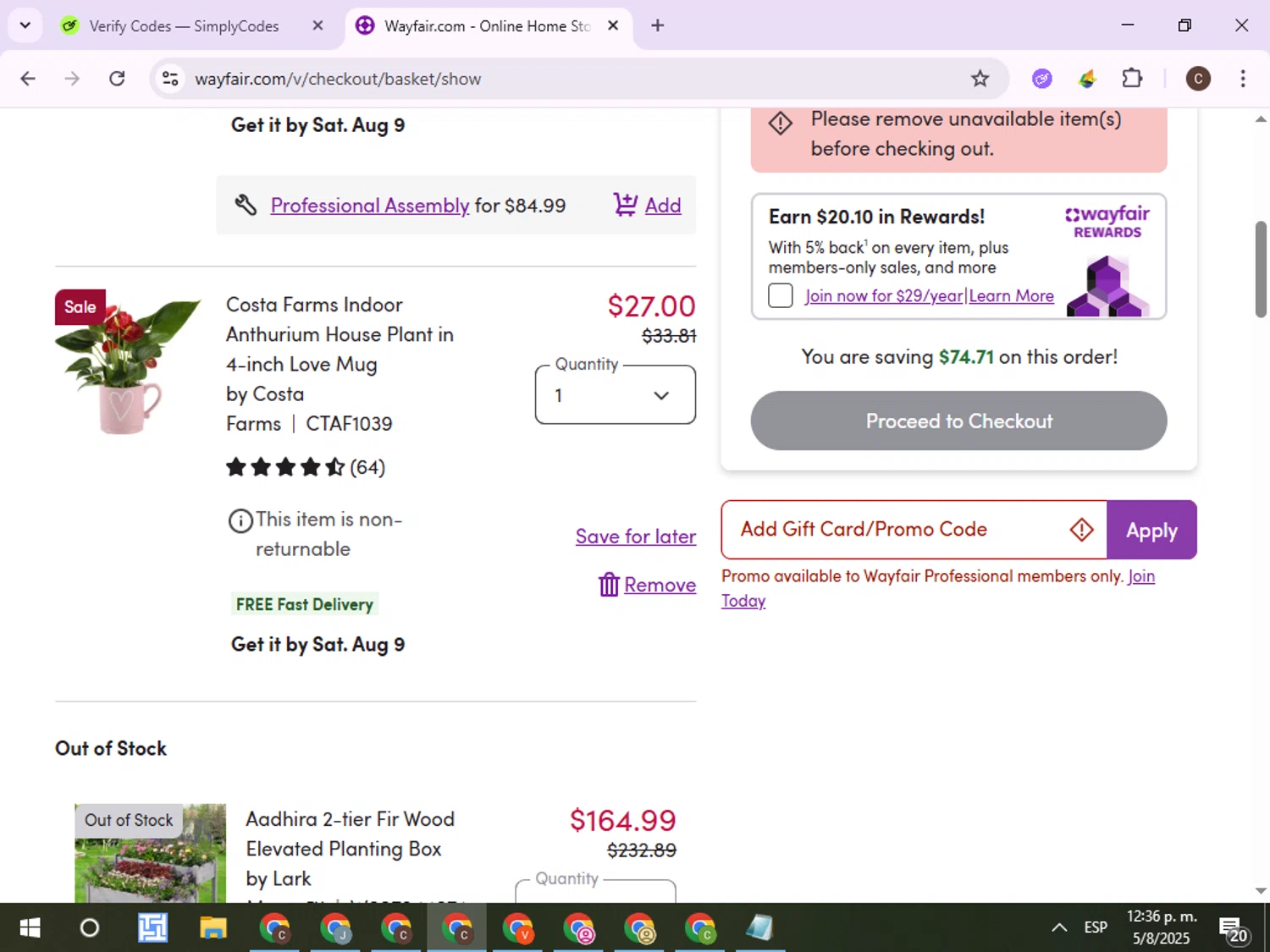 Verification screenshot for $50 Off Storewide (minimum Order $500) (members Only) at Wayfair Professional — 10mo ago