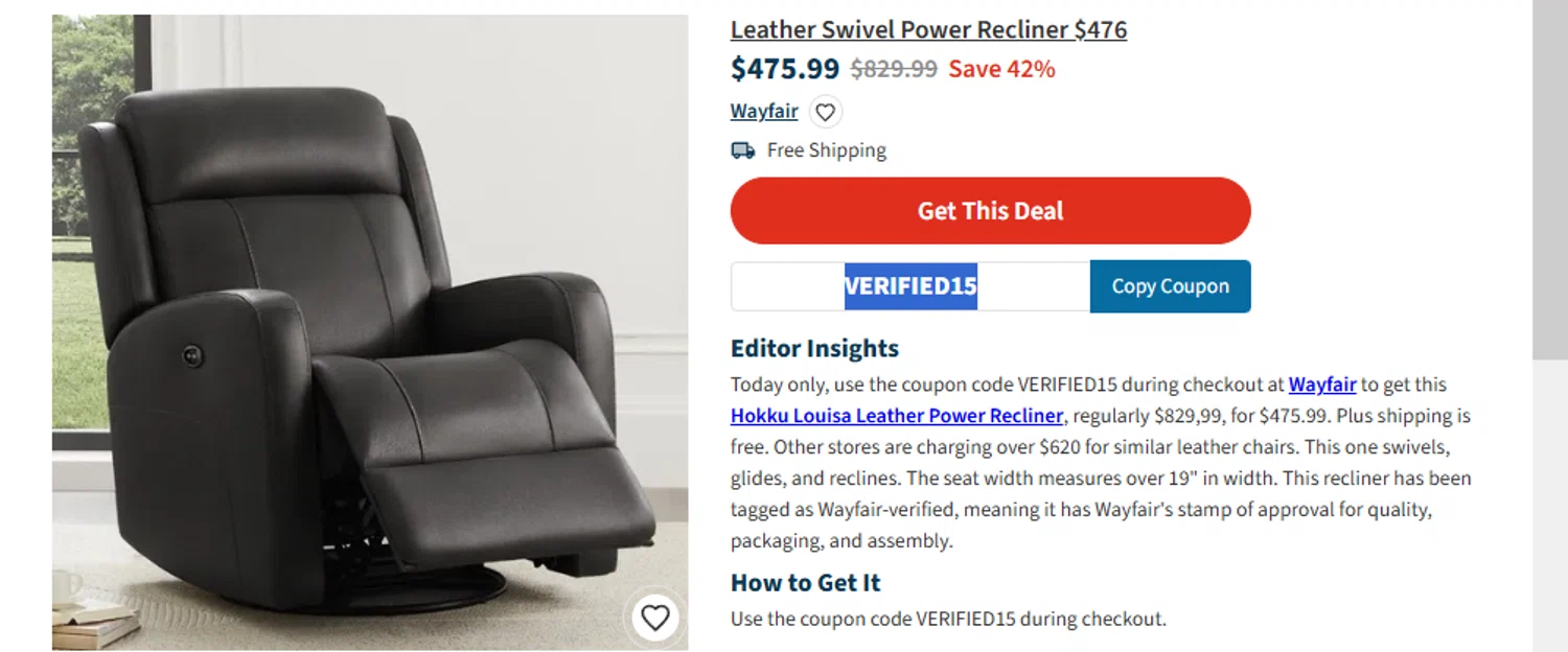 Verification screenshot for 15% Off Louisa Genuine Leather Swivel Glider Power Recliner at Wayfair Professional — 10mo ago