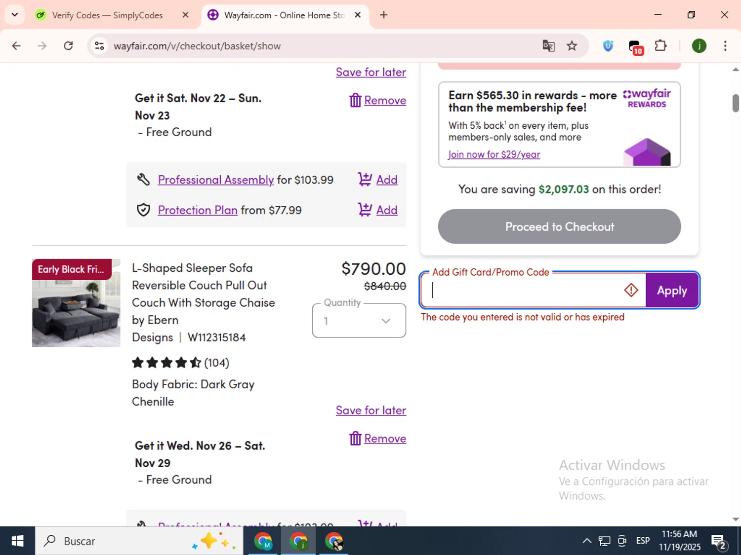 Wayfair Professional promo code screenshot showing code 20OFFMEMBER applied at Wayfair Professional checkout page. Uploaded by SimplyCodes community member SavingsCollector2592 on Nov 19, 2025