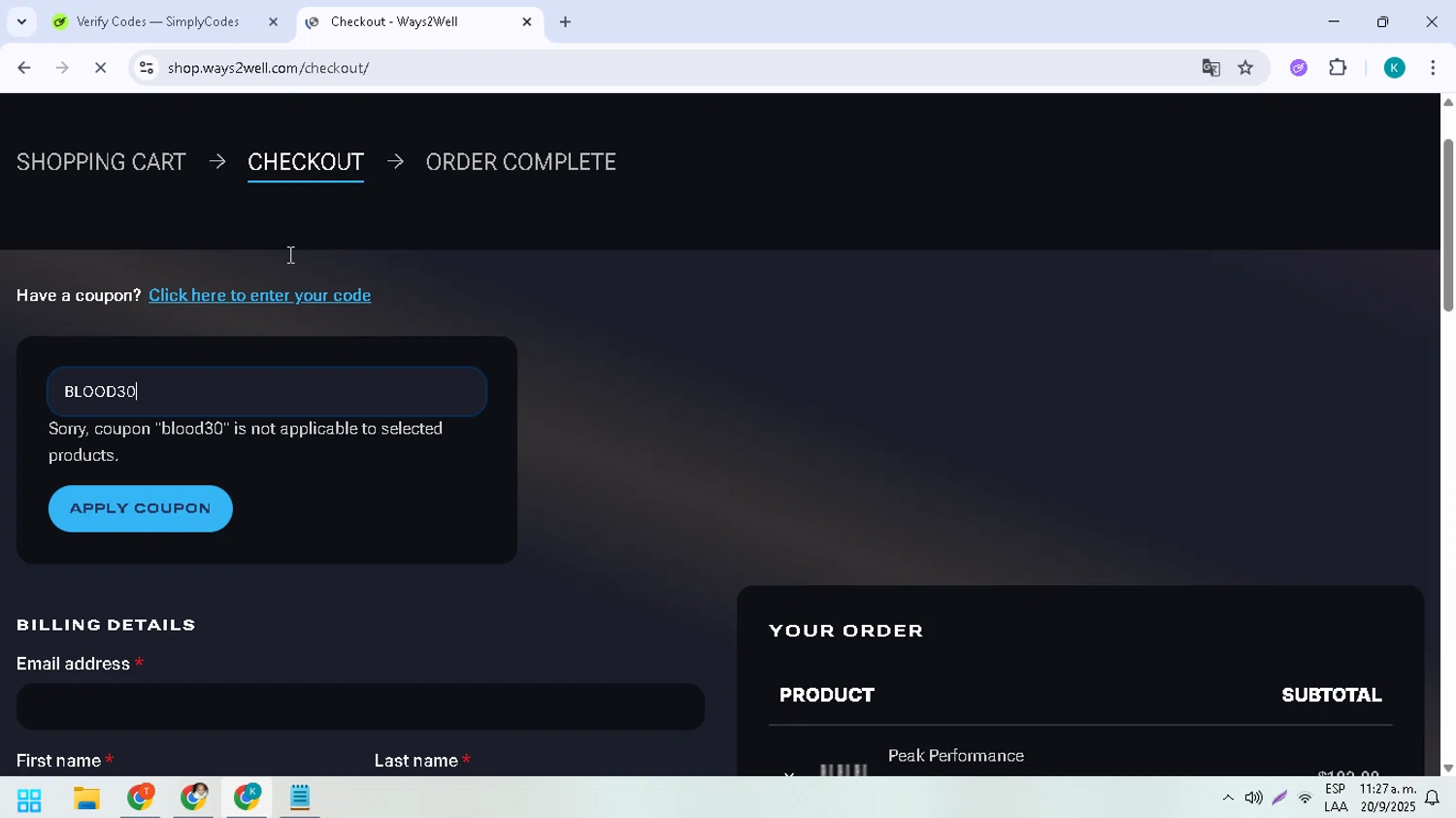 Ways2Well discount code screenshot showing code BLOOD30 applied at Ways2Well checkout page. Uploaded by SimplyCodes community member CodeHunter9012 on Sep 20, 2025