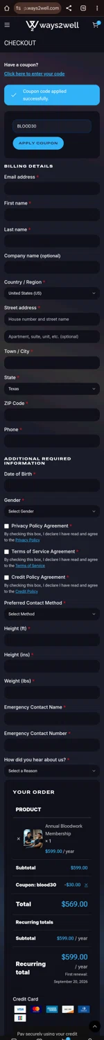 Ways2Well discount code screenshot showing code BLOOD30 applied at Ways2Well checkout page. Uploaded by SimplyCodes community member Olivatle on Sep 20, 2025
