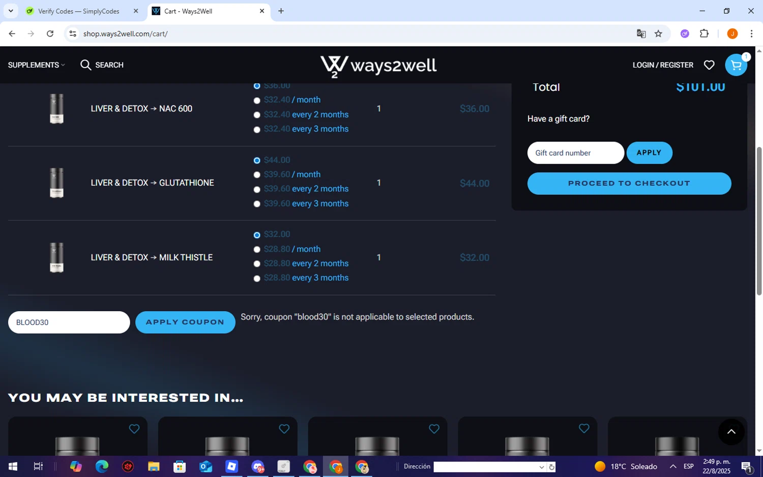 Ways2Well discount code screenshot showing code BLOOD30 applied at Ways2Well checkout page. Uploaded by SimplyCodes community member TheCreature on Aug 22, 2025