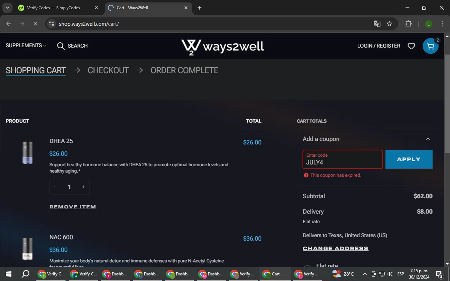 Ways2Well discount code screenshot showing code JULY4 applied at Ways2Well checkout page. Uploaded by SimplyCodes community member DUCATI on Dec 30, 2024