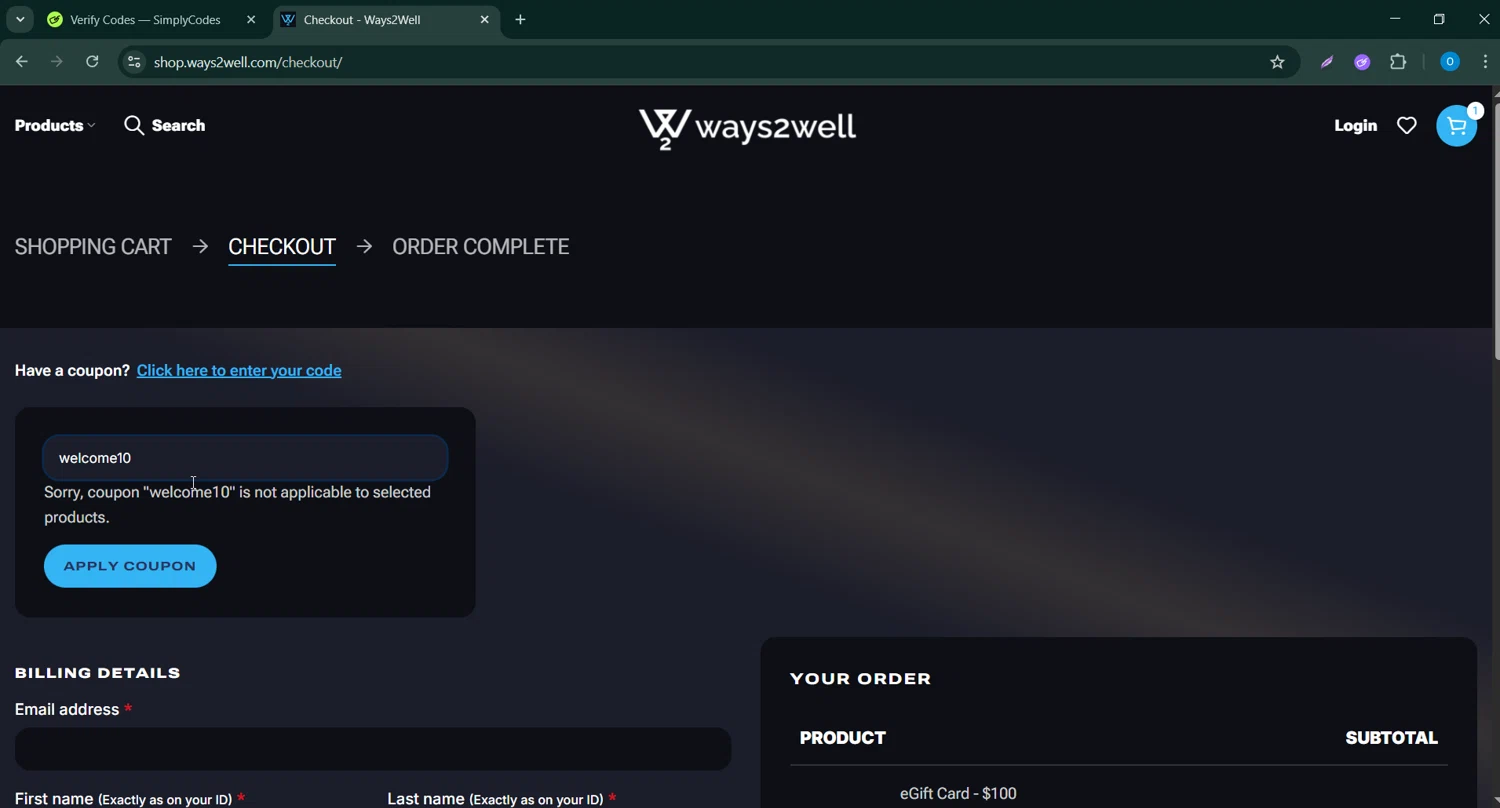 Ways2Well checkout page showing Ways2Well discount code box | Screenshot taken by SimplyCodes community member on Jan 8, 2026