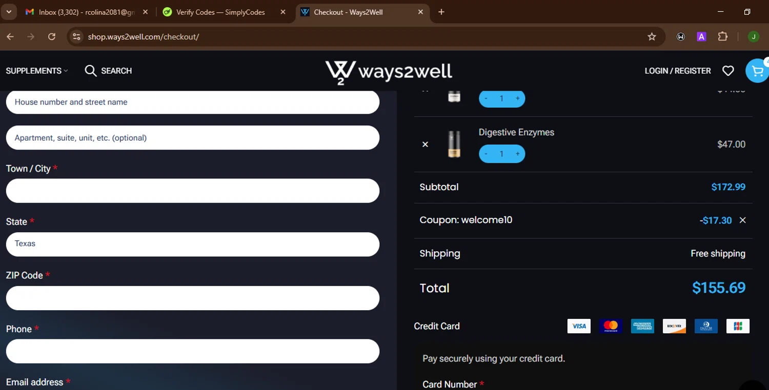 Ways2Well discount code screenshot showing code welcome10 applied at Ways2Well checkout page. Uploaded by SimplyCodes community member SnoopDogg on Aug 17, 2025