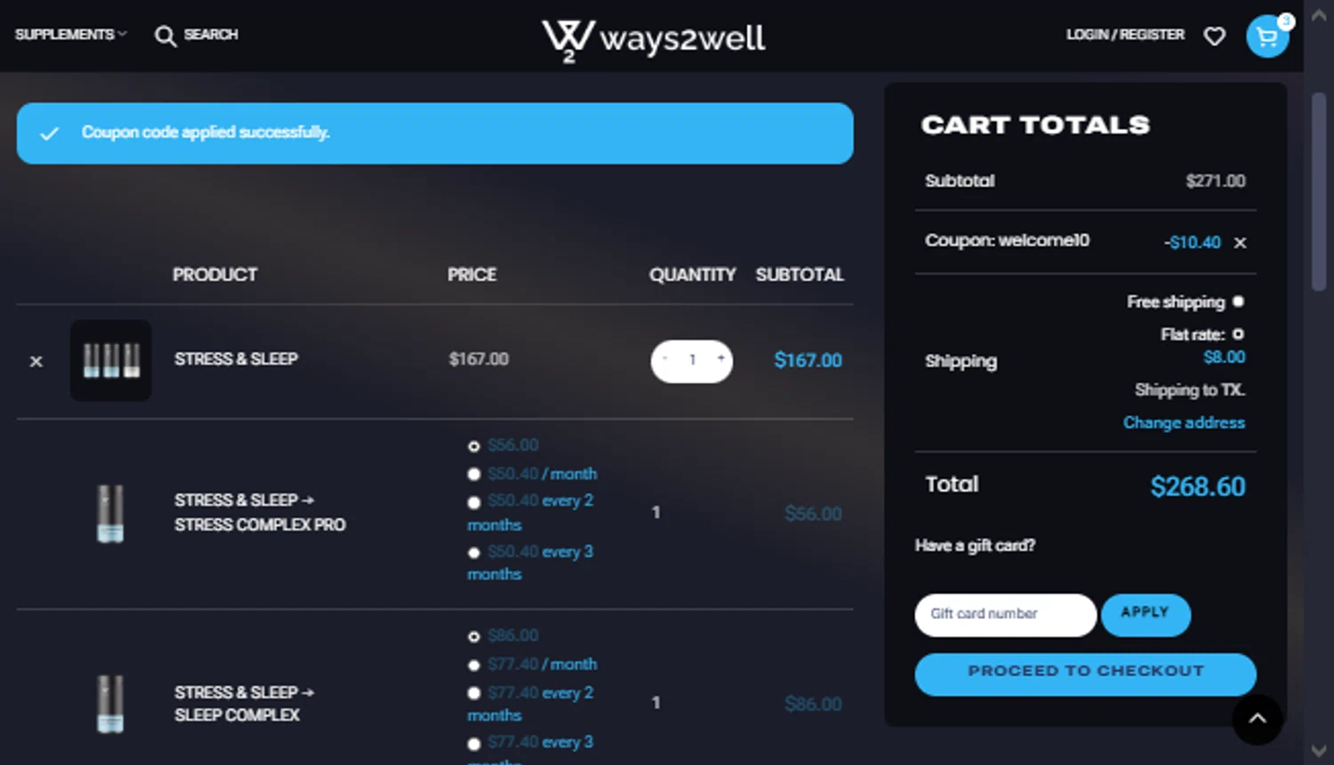 Ways2Well discount code screenshot showing code welcome10 applied at Ways2Well checkout page. Uploaded by SimplyCodes community member TraxoGamer on Jul 19, 2025