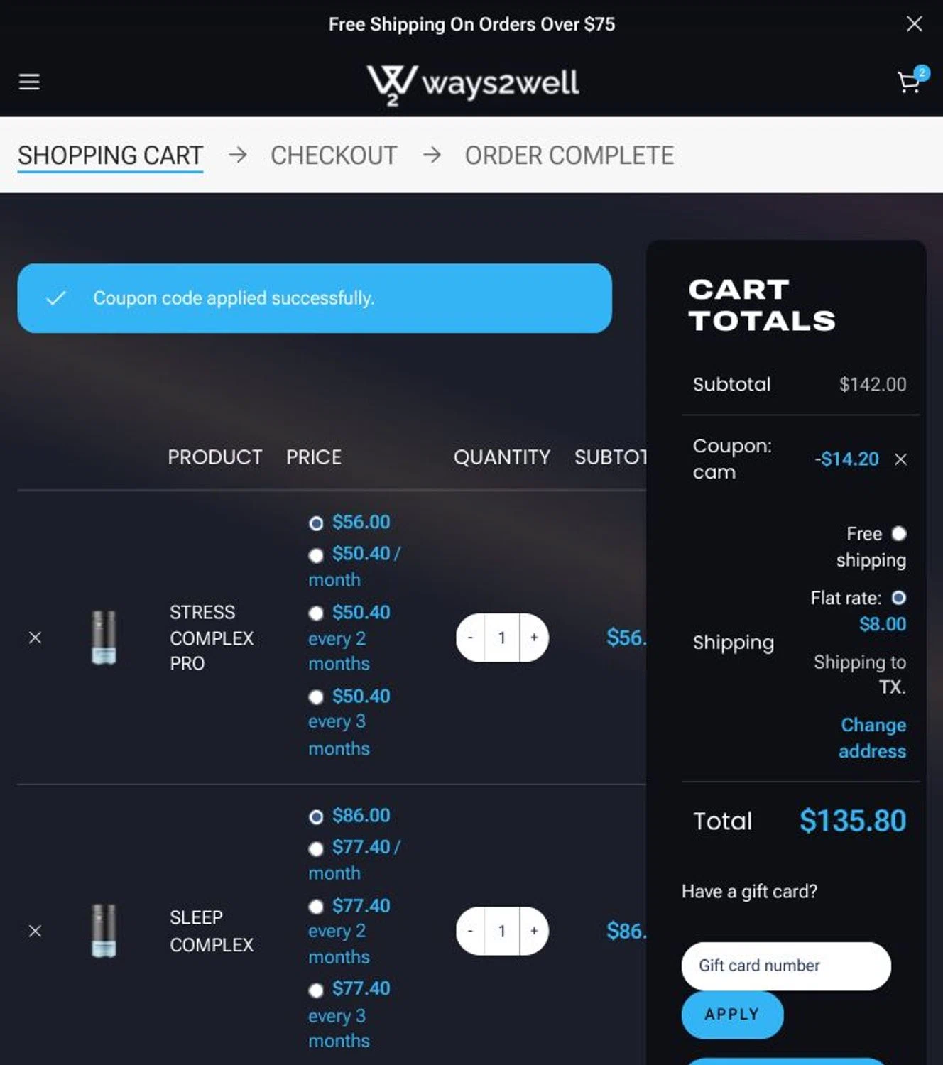 Ways2Well discount code screenshot showing code CAM applied at Ways2Well checkout page. Uploaded by SimplyCodes community member MarkGrayson on Jun 7, 2025