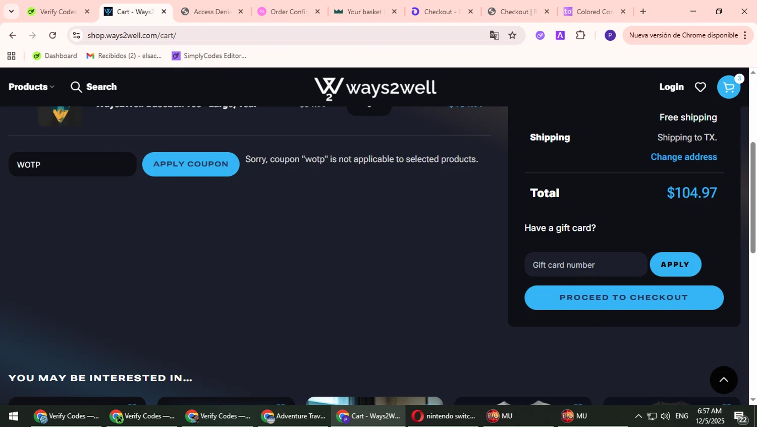 Ways2Well checkout page showing Ways2Well discount code box | Screenshot taken by SimplyCodes community member on Dec 5, 2025