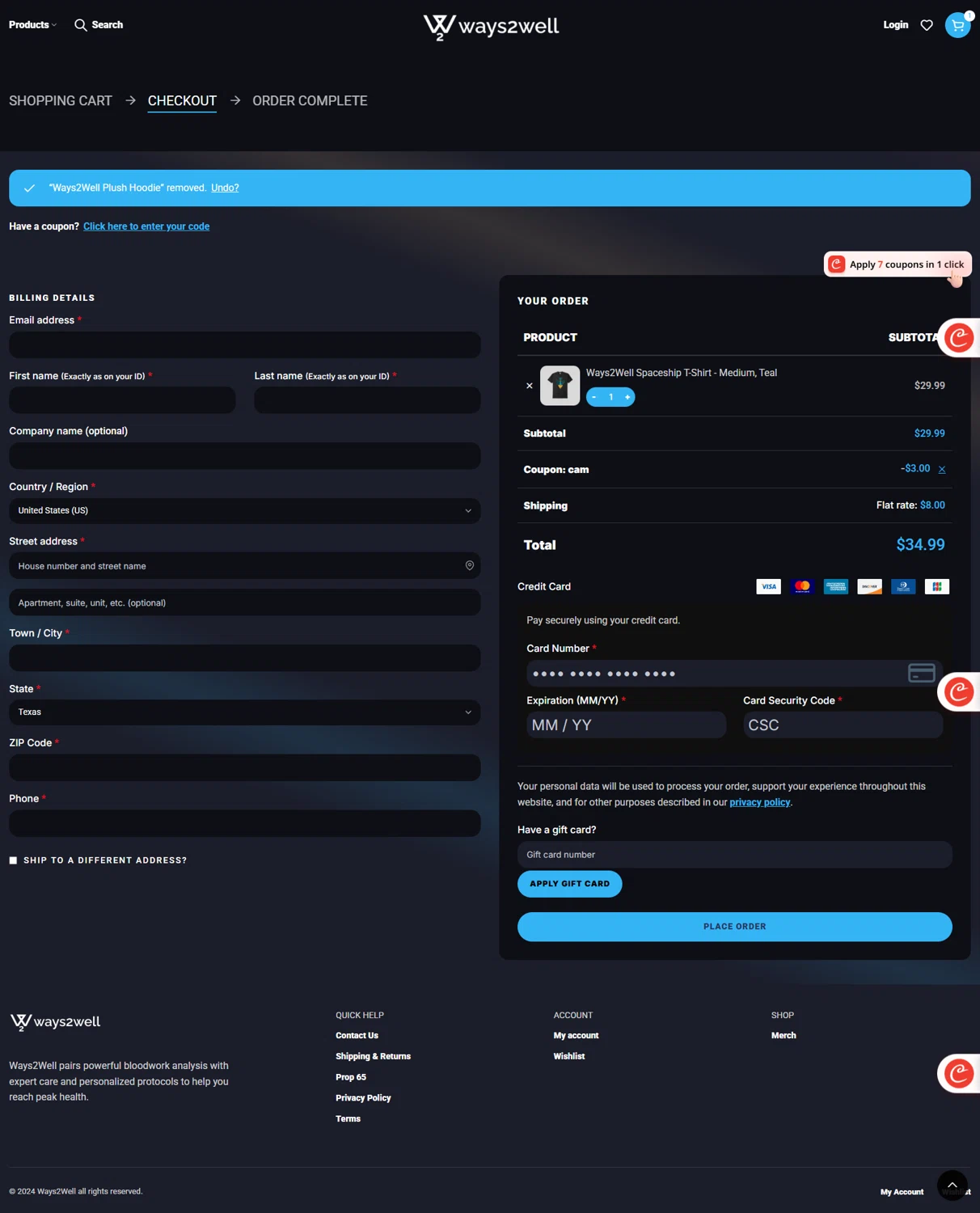 Ways2Well discount code screenshot showing code CAM applied at Ways2Well checkout page. Uploaded by SimplyCodes community member Serdanvz on Oct 27, 2025