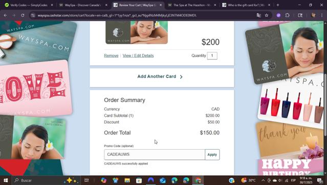 WaySpa.com checkout page showing WaySpa.com promo code box | Screenshot taken by SimplyCodes community member on Jul 30, 2025
