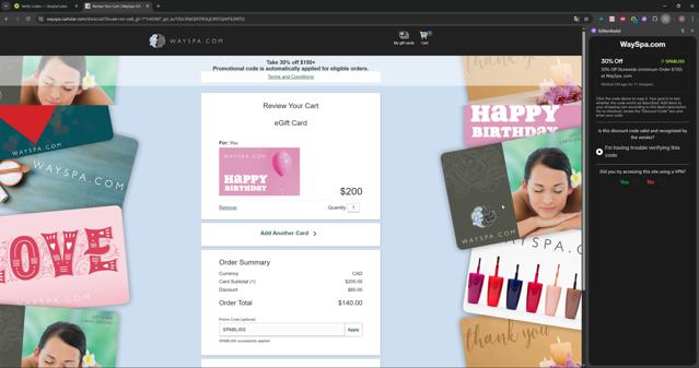 WaySpa.com checkout page showing WaySpa.com promo code box | Screenshot taken by SimplyCodes community member on Aug 4, 2025