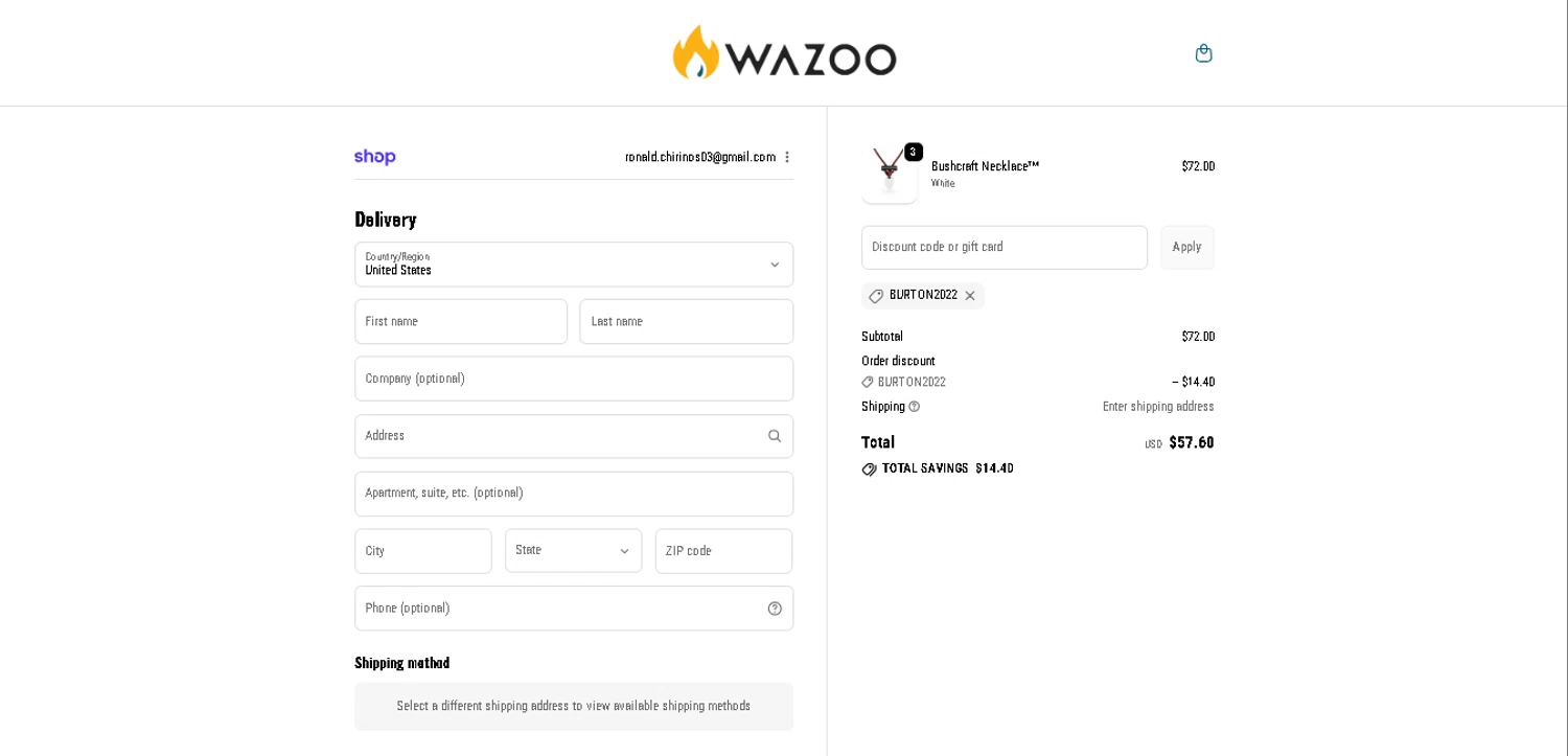 Wazoo Gear promo code screenshot showing code BURTON2022 applied at Wazoo Gear checkout page. Uploaded by SimplyCodes community member davisams on Dec 18, 2025