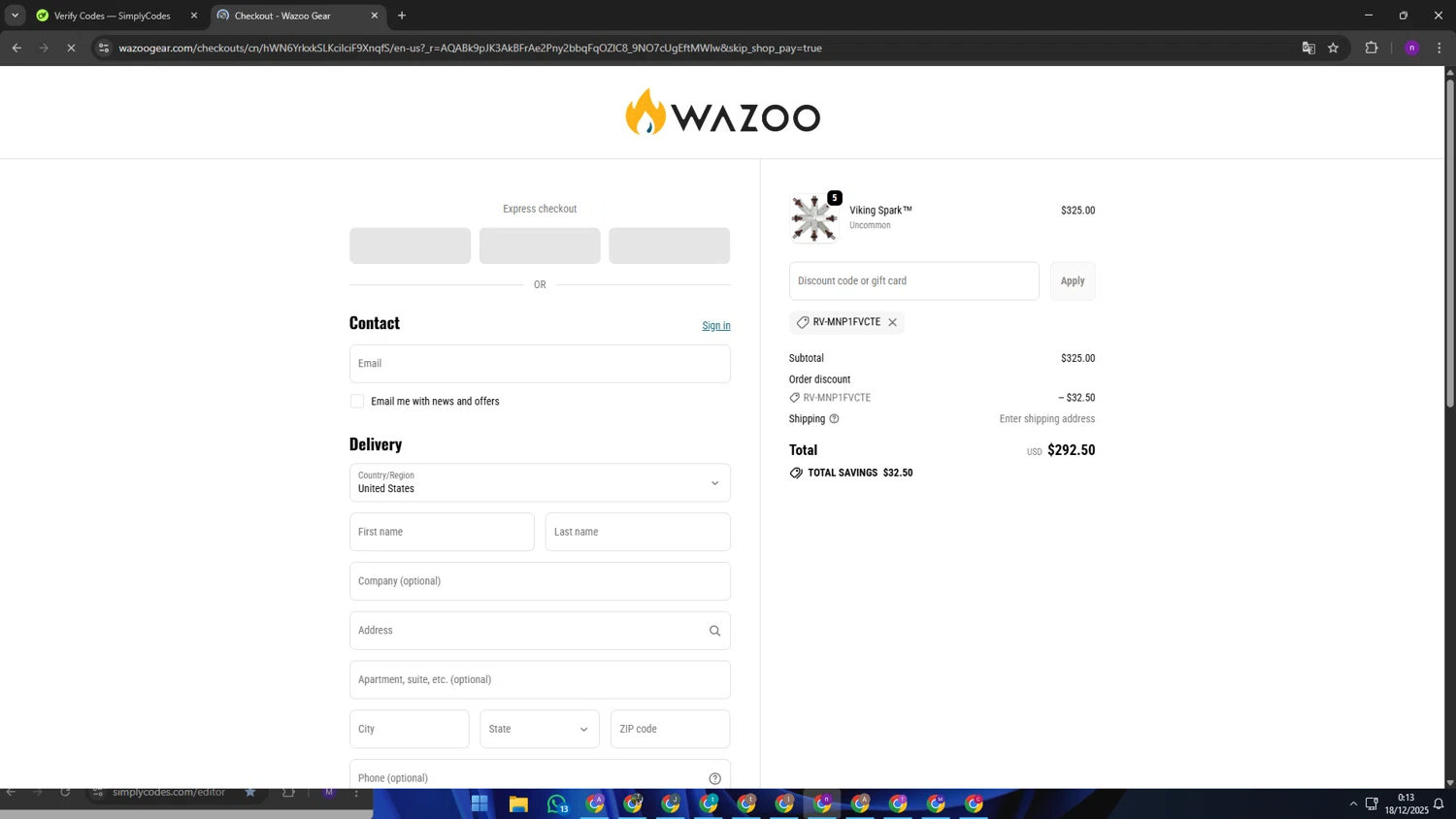 Wazoo Gear promo code screenshot showing code RV-MNP1FVCTE applied at Wazoo Gear checkout page. Uploaded by SimplyCodes community member AVAMUSTANG on Dec 18, 2025