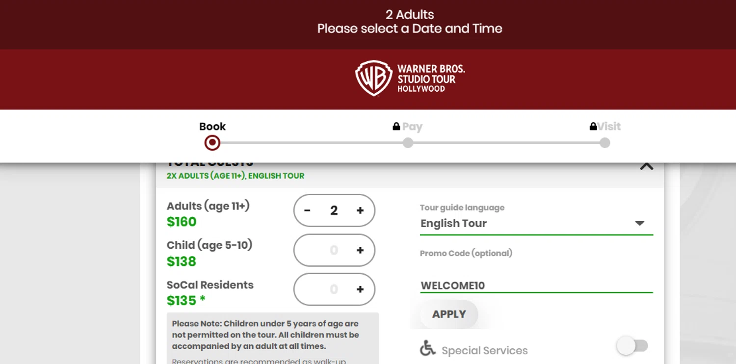 Warner Bros. Studio Tour Hollywood checkout page showing Warner Bros. Studio Tour Hollywood discount code box | Screenshot taken by SimplyCodes community member on Aug 22, 2024