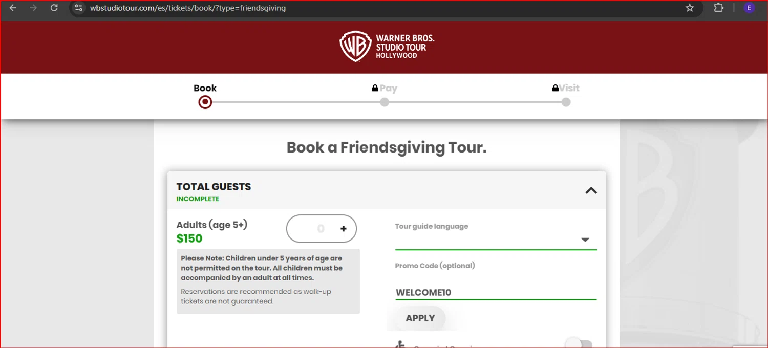 Warner Bros. Studio Tour Hollywood checkout page showing Warner Bros. Studio Tour Hollywood discount code box | Screenshot taken by SimplyCodes community member on Sep 29, 2024