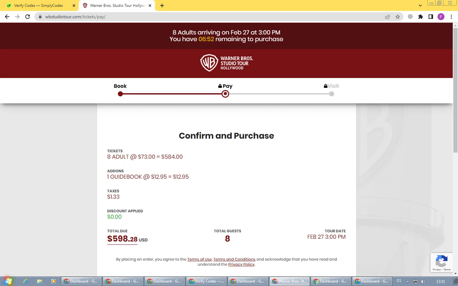 Warner Bros. Studio Tour Hollywood checkout page showing Warner Bros. Studio Tour Hollywood discount code box | Screenshot taken by SimplyCodes community member on Feb 27, 2025