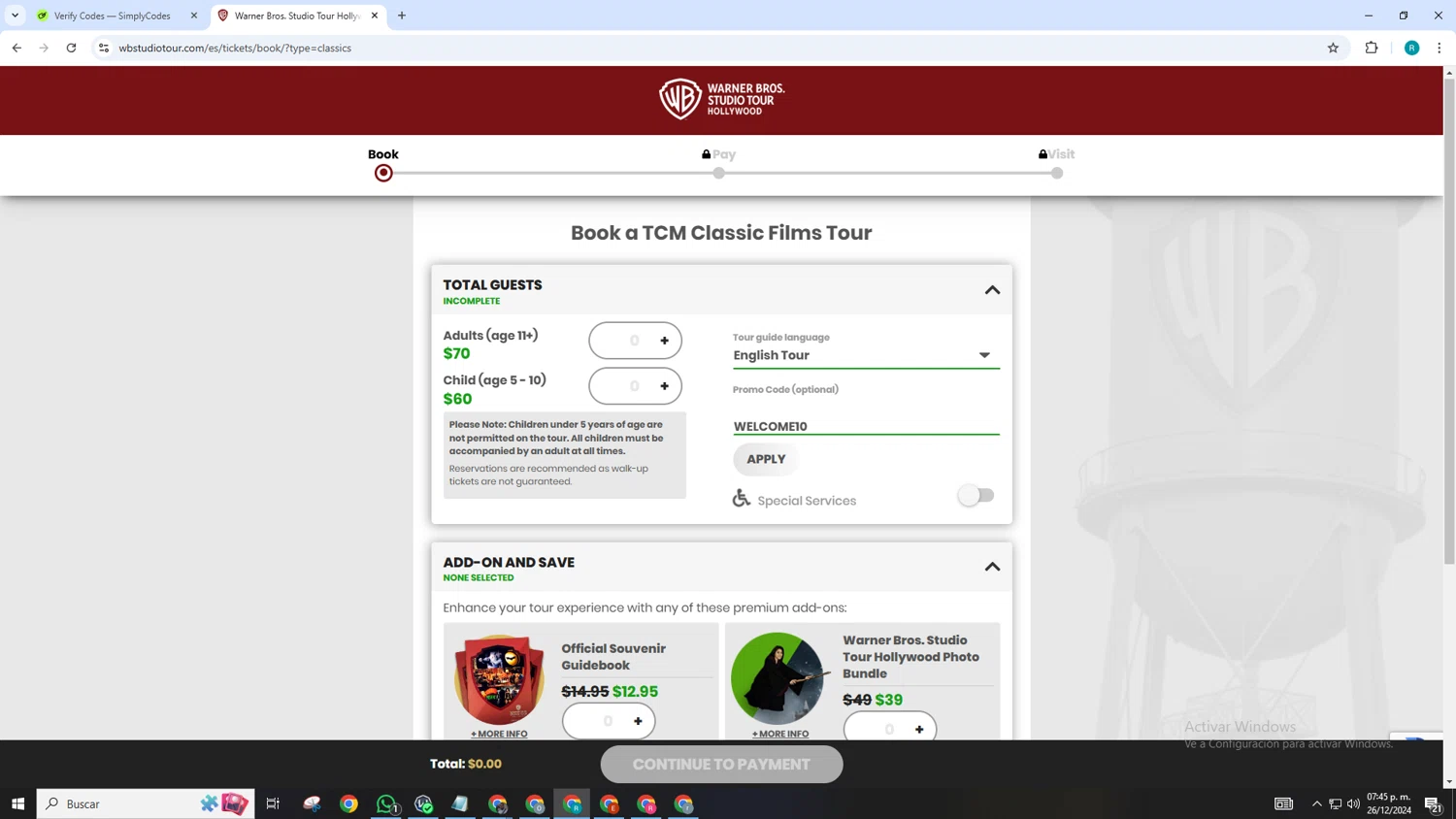 Warner Bros. Studio Tour Hollywood checkout page showing Warner Bros. Studio Tour Hollywood discount code box | Screenshot taken by SimplyCodes community member on Dec 26, 2024
