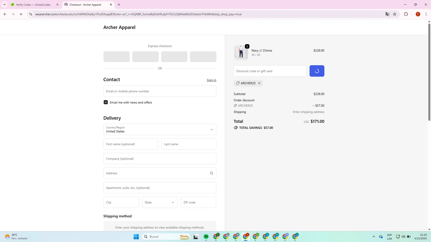 Wear Archer promo code screenshot showing code ARCHER25 applied at Wear Archer checkout page. Uploaded by SimplyCodes community member Collug on Dec 5, 2025