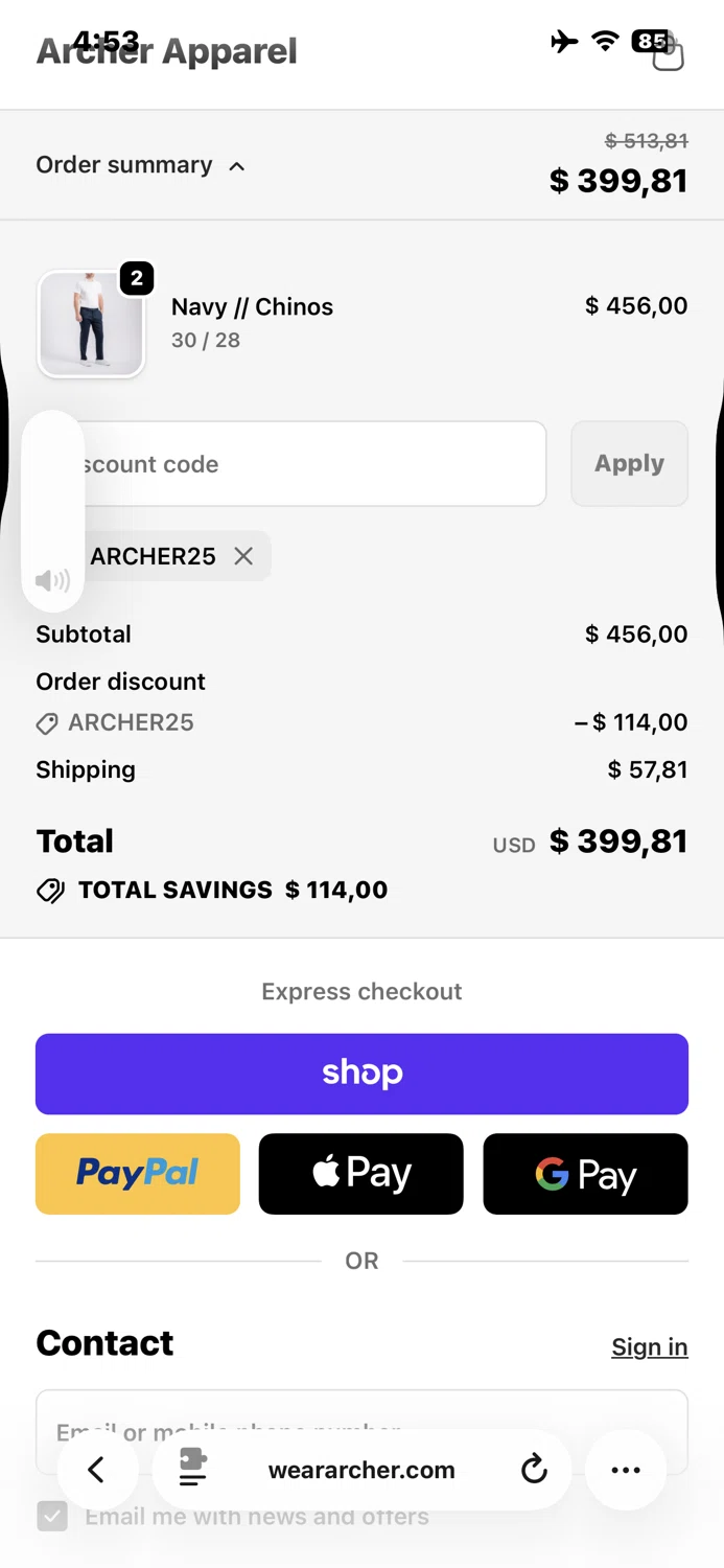 Wear Archer promo code screenshot showing code ARCHER25 applied at Wear Archer checkout page. Uploaded by SimplyCodes community member TraxoGamer on Oct 22, 2025