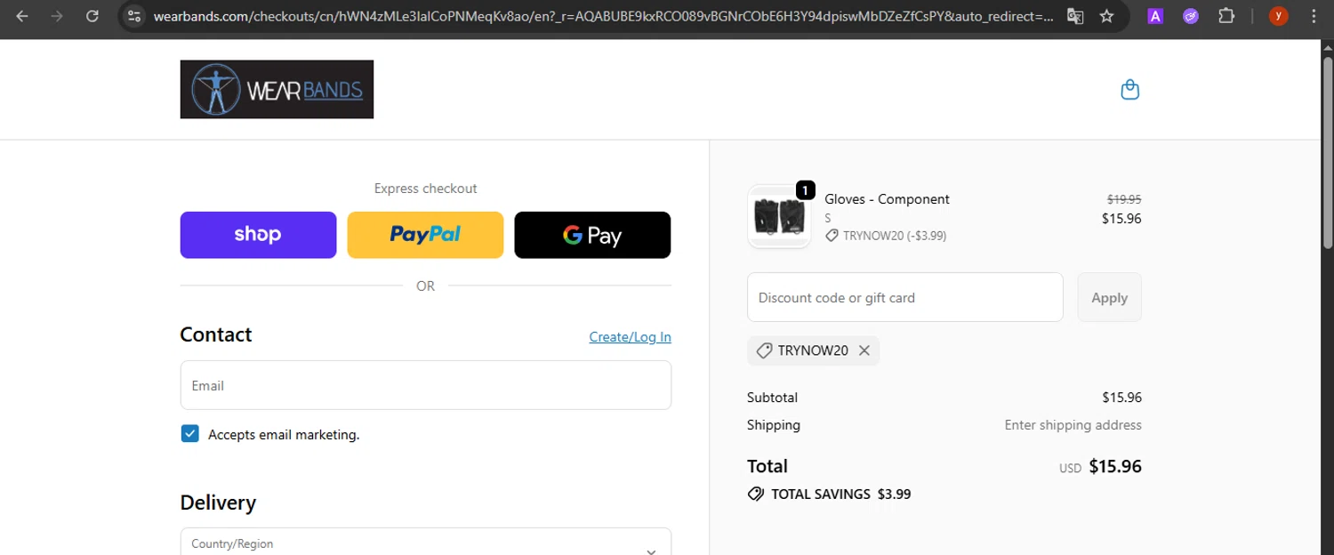 Wear Bands promo code screenshot showing code TRYNOW20 applied at Wear Bands checkout page. Uploaded by SimplyCodes community member CrownTiger7501 on Nov 6, 2025
