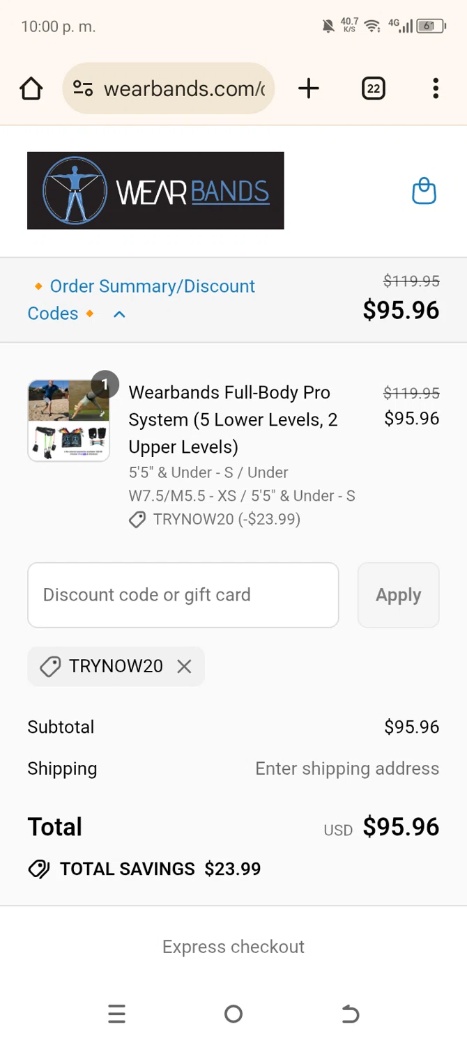 Wear Bands promo code screenshot showing code TRYNOW20 applied at Wear Bands checkout page. Uploaded by SimplyCodes community member SavingsLegend7908 on Aug 21, 2025