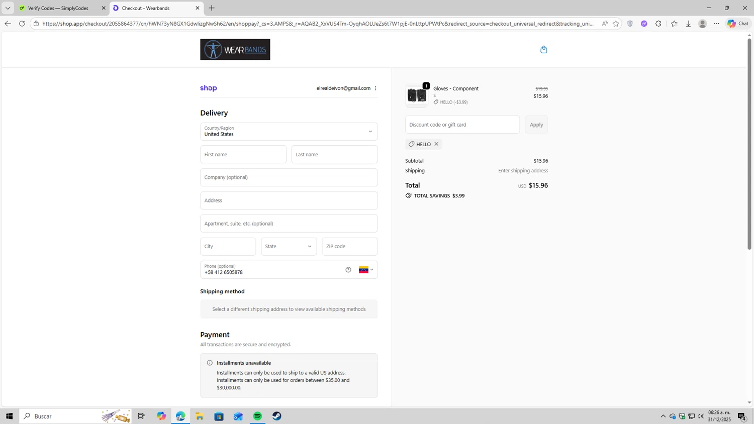 Wear Bands checkout page showing Wear Bands promo code box | Screenshot taken by SimplyCodes community member on Dec 31, 2025