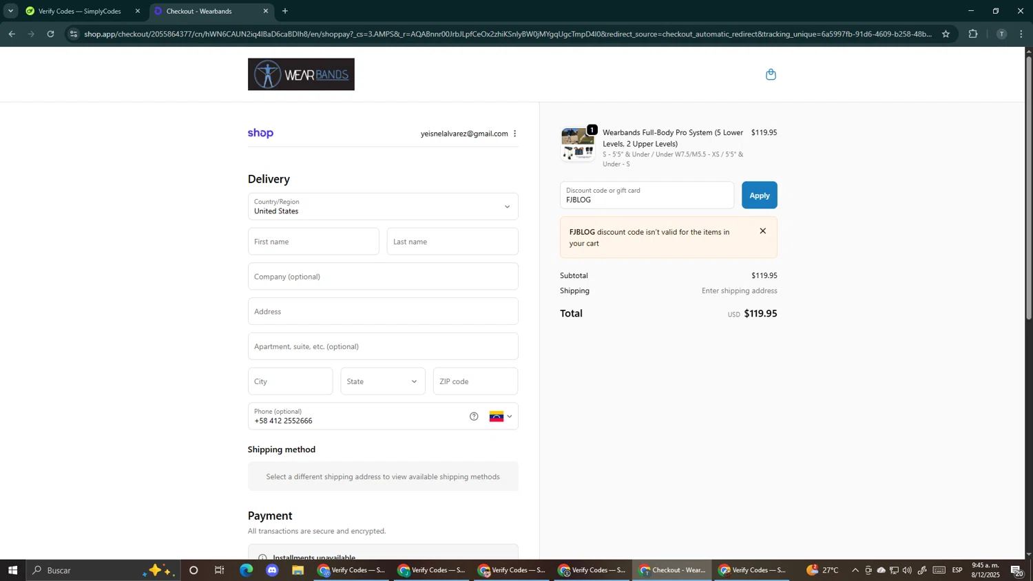Wear Bands promo code screenshot showing code FJBLOG applied at Wear Bands checkout page. Uploaded by SimplyCodes community member Makemusic on Dec 8, 2025