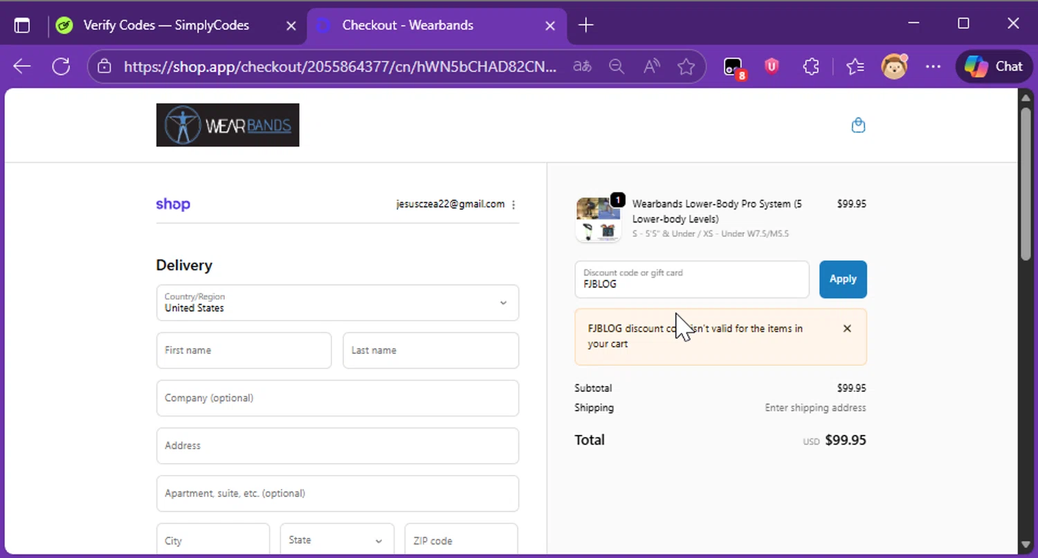 Wear Bands promo code screenshot showing code FJBLOG applied at Wear Bands checkout page. Uploaded by SimplyCodes community member Raibelys_18 on Nov 22, 2025