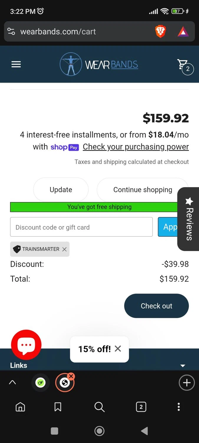 Wear Bands promo code screenshot showing code TRAINSMARTER applied at Wear Bands checkout page. Uploaded by SimplyCodes community member BargainPioneer8286 on Nov 6, 2025