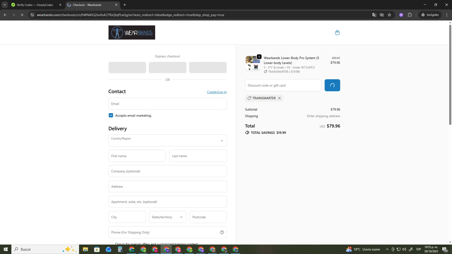 Wear Bands promo code screenshot showing code TRAINSMARTER applied at Wear Bands checkout page. Uploaded by SimplyCodes community member CRF250CC on Oct 30, 2025