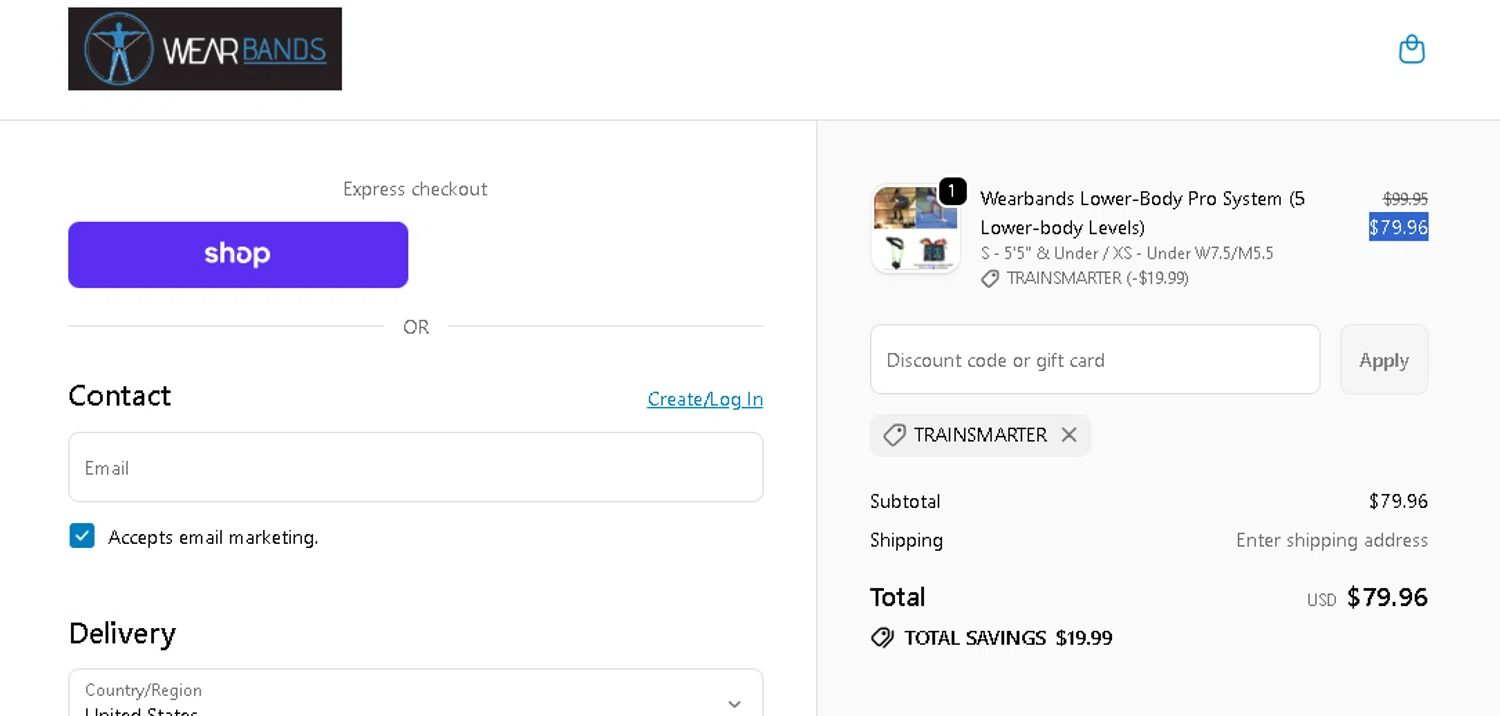 Wear Bands promo code screenshot showing code TRAINSMARTER applied at Wear Bands checkout page. Uploaded by SimplyCodes community member goldhooh on Nov 6, 2025