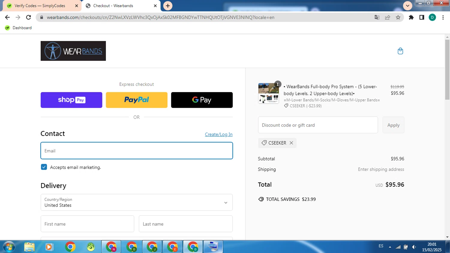 Wear Bands promo code screenshot showing code CSEEKER applied at Wear Bands checkout page. Uploaded by SimplyCodes community member PennyMaven9025 on Feb 16, 2025