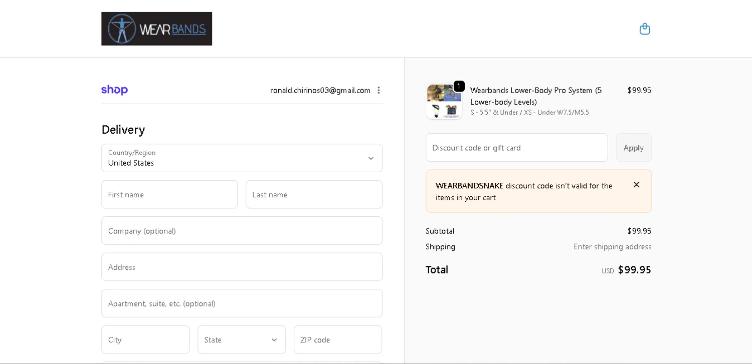 Wear Bands checkout page showing Wear Bands promo code box | Screenshot taken by SimplyCodes community member on Dec 31, 2025