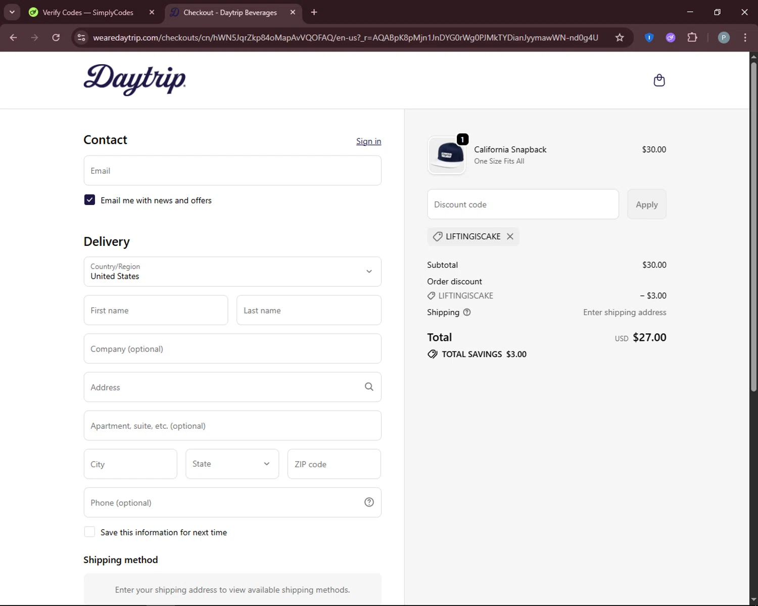 Daytrip promo code screenshot showing code LIFTINGISCAKE applied at Daytrip checkout page. Uploaded by SimplyCodes community member DiscountEagle6247 on Nov 15, 2025