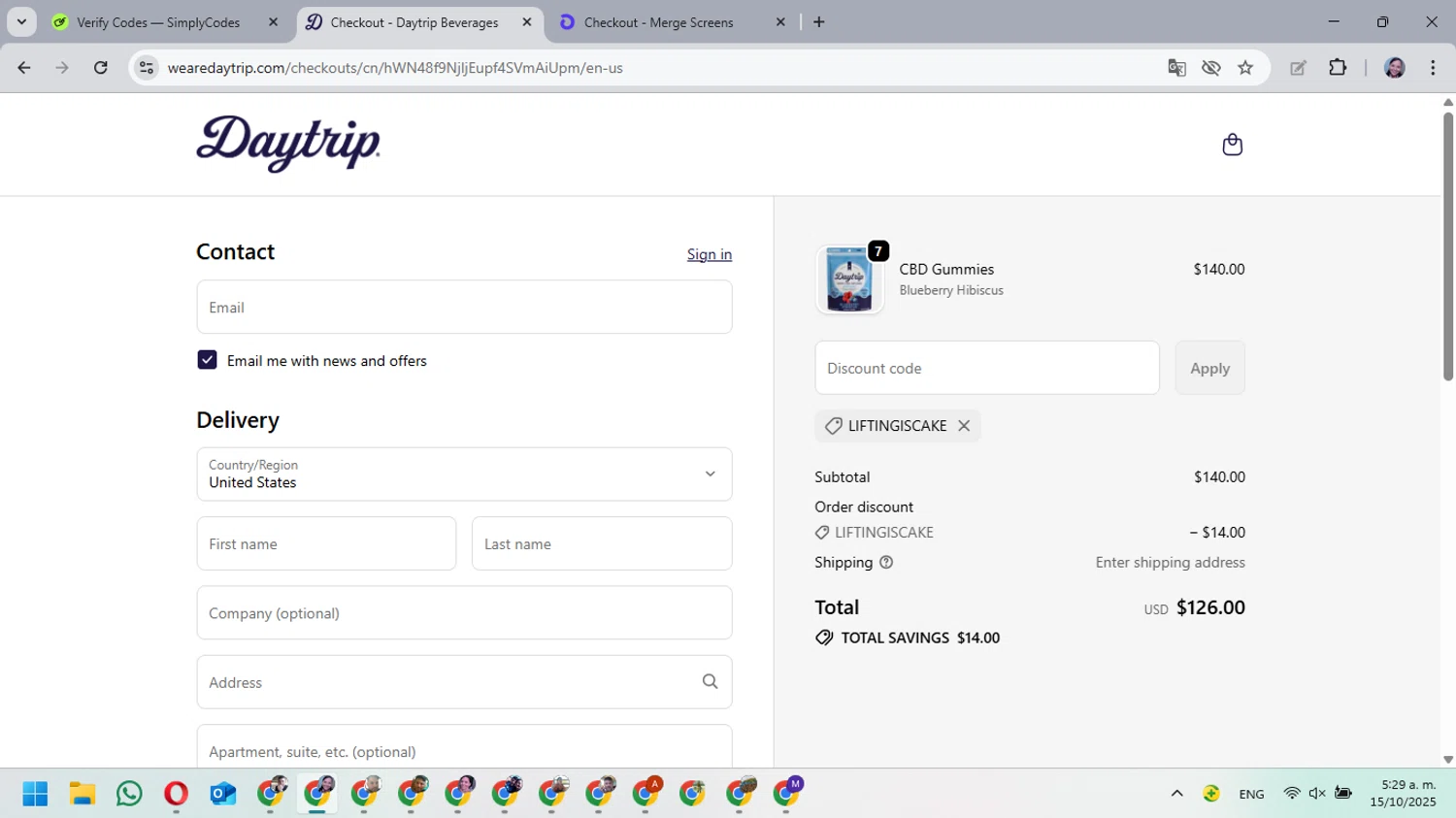 Daytrip promo code screenshot showing code LIFTINGISCAKE applied at Daytrip checkout page. Uploaded by SimplyCodes community member MarielisPb on Oct 15, 2025
