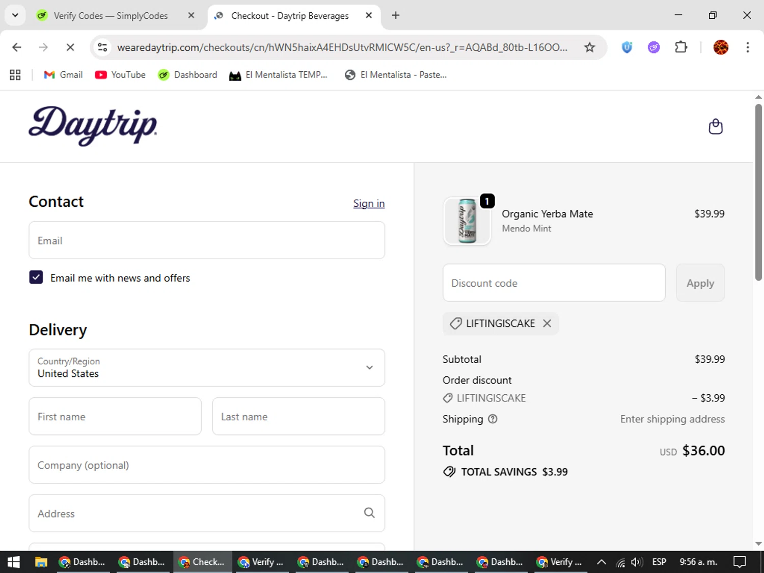 Daytrip promo code screenshot showing code LIFTINGISCAKE applied at Daytrip checkout page. Uploaded by SimplyCodes community member Rodolfo on Nov 25, 2025