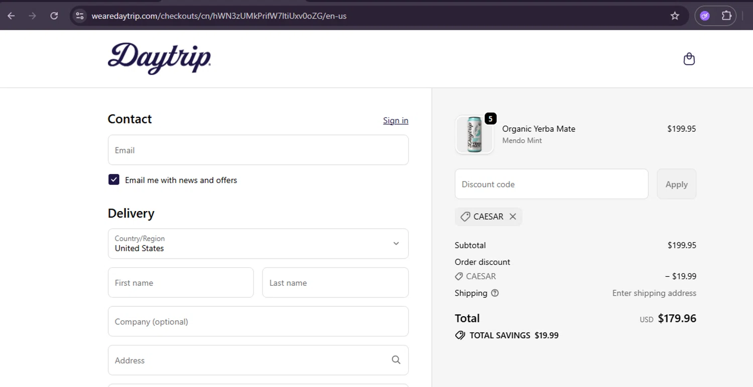 Daytrip promo code screenshot showing code CAESAR applied at Daytrip checkout page. Uploaded by SimplyCodes community member ShrewdWizard3248 on Oct 11, 2025
