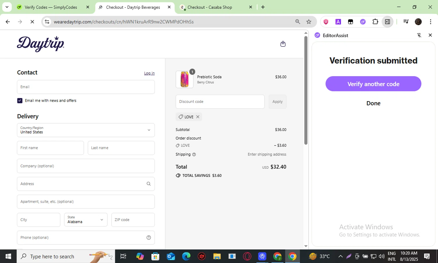 Daytrip promo code screenshot showing code LOVE applied at Daytrip checkout page. Uploaded by SimplyCodes community member fghfgefds2 on Aug 13, 2025