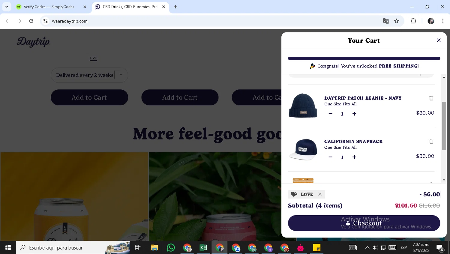 Daytrip promo code screenshot showing code LOVE applied at Daytrip checkout page. Uploaded by SimplyCodes community member Ediluna22 on Jan 8, 2025